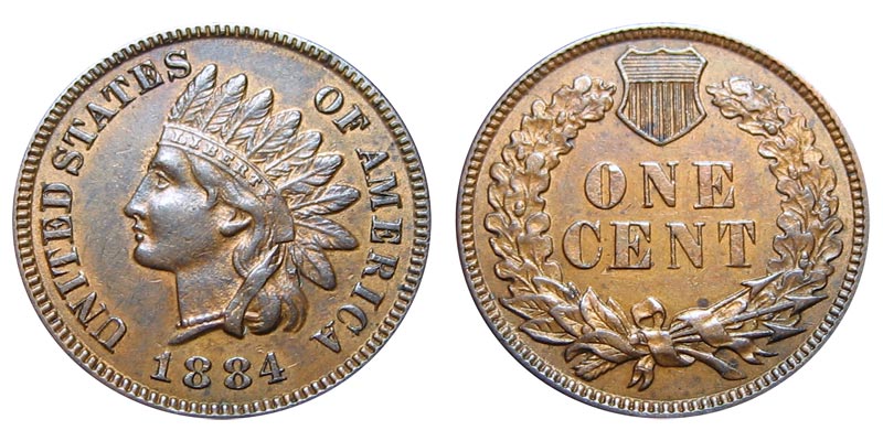 1884 Indian Head penny obverse and reverse showing Liberty in feathered headdress and ONE CENT wreath reverse