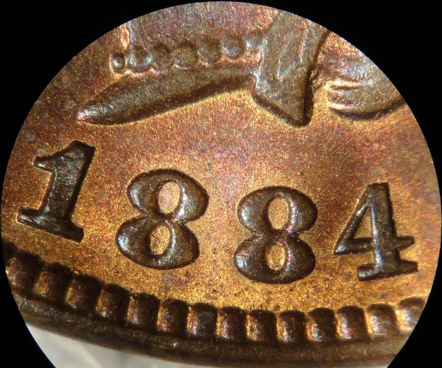 1884 Indian Head penny Snow-2 RPD-001 Repunched Date variety showing secondary 8 digit impression displaced to the south