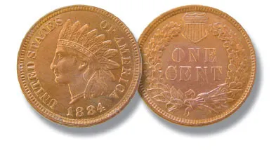 Grading strip showing four 1884 Indian Head pennies from worn Good condition to gem uncirculated, illustrating wear progression and color differences